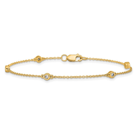 14k Complete 1/8 carat Bezel-set Diamond and Cable Chain 5-Station 7 inch Bracelet