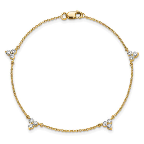 14k Complete 5/8 carat Diamond 3-Stone Cluster 4-Station 7 inch Bracelet