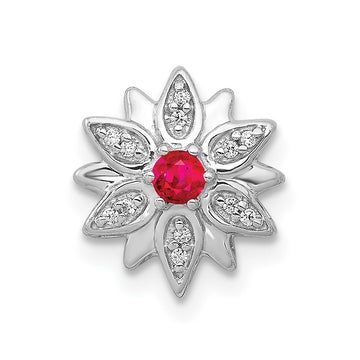14k White Gold 1/20 carat Diamond and Ruby Flower Chain Slide