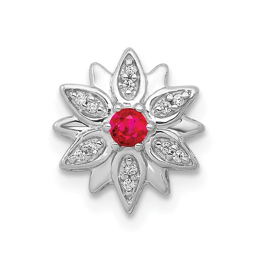 14k White Gold 1/20 carat Diamond and Ruby Flower Chain Slide