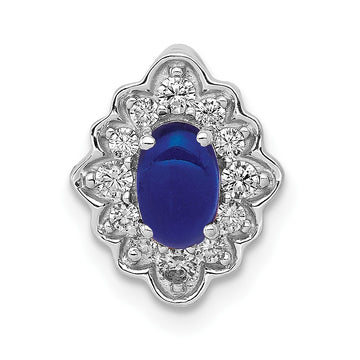 14k White Gold Diamond and Oval Cabochon Sapphire Fancy Vintage Chain Slide
