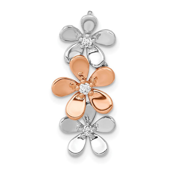 14k Rose and White Gold 1/10 carat Diamond Three Flower Chain Slide