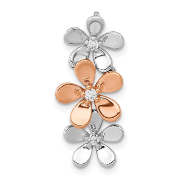 14k Rose and White Gold 1/10 carat Diamond Three Flower Chain Slide