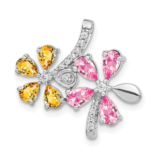 Pear Pink Tourmaline. Citrine. & Diamond Flower Pendants