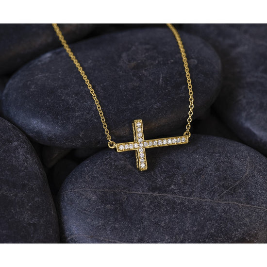 14k Polished 1/6 carat Diamond Sideways Cross 18 inch Necklace