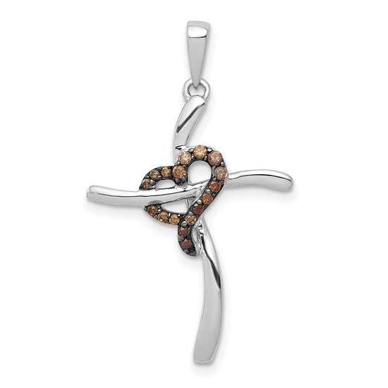 14k White Gold 1/10 carat Champagne Diamond Heart Cross Pendant