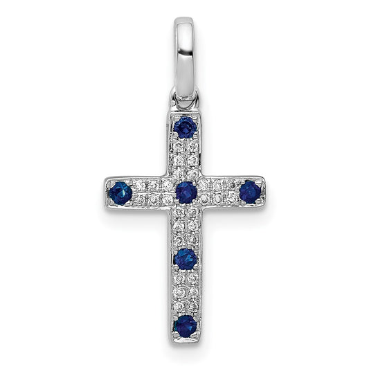 14k White Gold 1/15 carat Diamond and Sapphire Cross Pendant