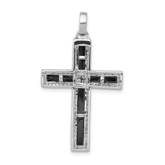 14k White Gold 1/3 carat Diamond and Onyx Cross Pendant