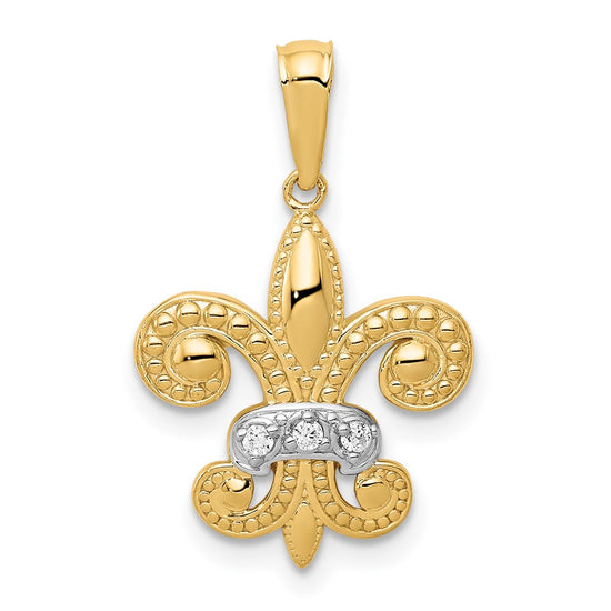 14k and White Rhodium Polished Diamond Fleur de Lis Pendant