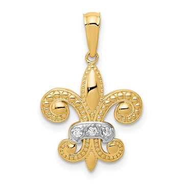 14k and White Rhodium Polished Diamond Fleur de Lis Pendant
