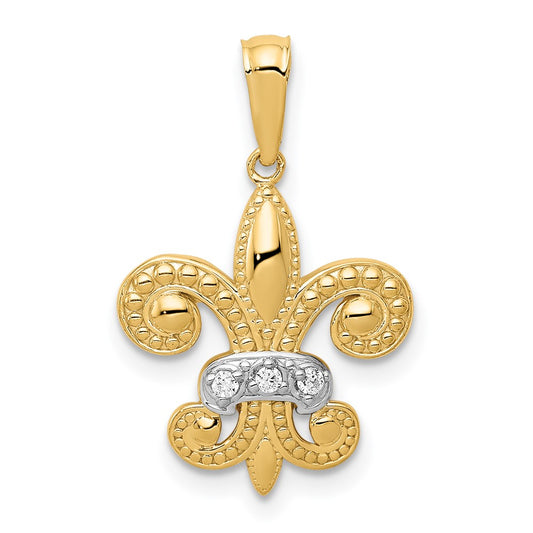 14k and White Rhodium Polished Diamond Fleur de Lis Pendant