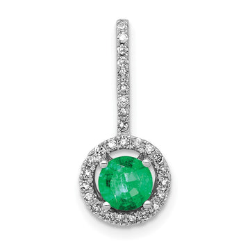 14k White Gold Diamond and Round Emerald Halo Pendant Fits up to 2mm Regular/4mm Fancy or Reversible Omega