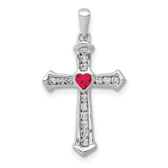 10K White Gold Ruby and Diamond Heart Cross Pendant