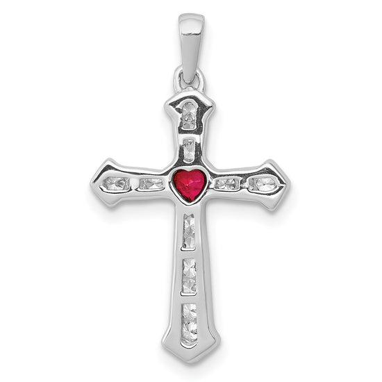 14k White Gold Ruby and Diamond Heart Cross Pendant