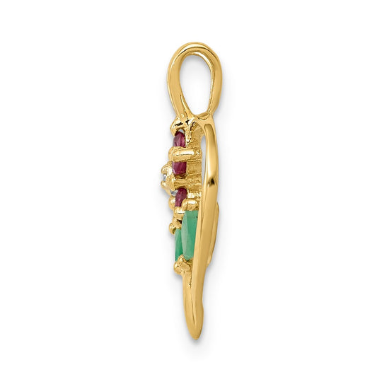 14k Siam Ruby/Emerald/Diamond Flower in Heart Pendant