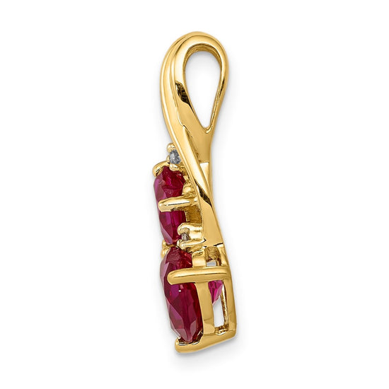 14k Lab Created Ruby and Diamond 2-Heart Pendant Fits up to 2mm Regular/3mm Fancy or Reversible Omega
