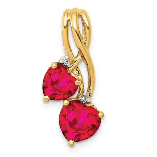 14k Lab Created Ruby and Diamond 2-Heart Pendant Fits up to 2mm Regular/3mm Fancy or Reversible Omega