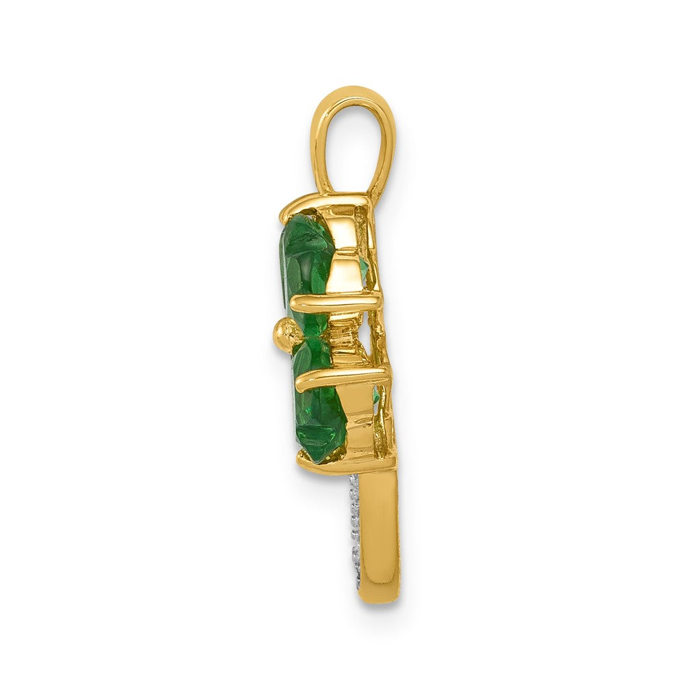 14k Lab Created Heart Emerald and Diamond Four Leaf Clover Pendant