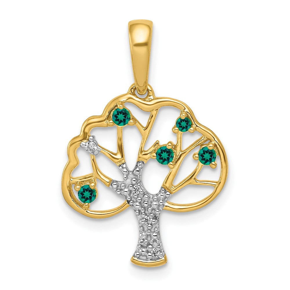 14k Polished Lab Created Emerald and Diamond Tree Pendant
