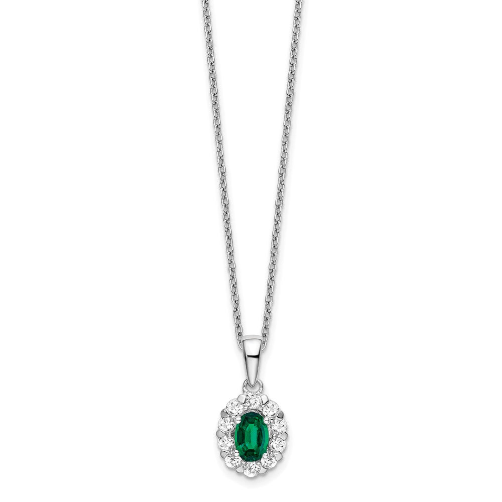 14k White Gold 1/2 carat Lab Grown Diamond VS/SI+ G+ and Oval Lab Created Emerald Complete 18 inch Halo Pendant Necklace