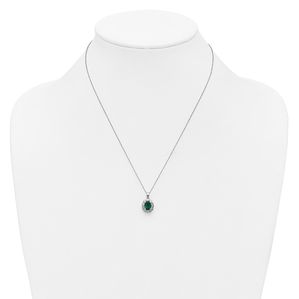 14k White Gold 1/2 carat Lab Grown Diamond VS/SI+ G+ and Oval Lab Created Emerald Complete 18 inch Halo Pendant Necklace
