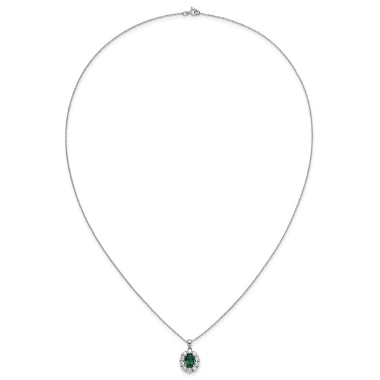 14k White Gold 1/2 carat Lab Grown Diamond VS/SI+ G+ and Oval Lab Created Emerald Complete 18 inch Halo Pendant Necklace