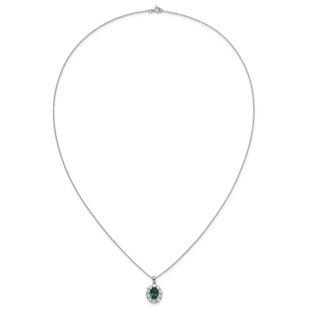 14k White Gold 1/2 carat Lab Grown Diamond VS/SI+ G+ and Oval Lab Created Emerald Complete 18 inch Halo Pendant Necklace