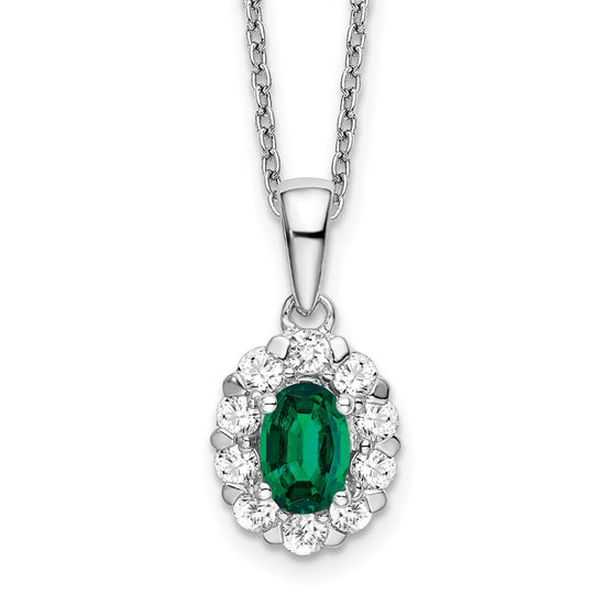 14k White Gold 1/2 carat Lab Grown Diamond VS/SI+ G+ and Oval Lab Created Emerald Complete 18 inch Halo Pendant Necklace