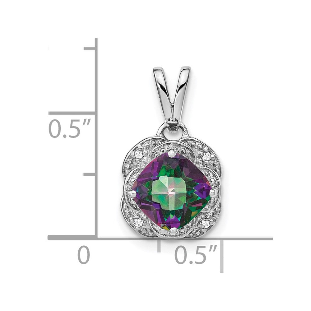 14k White Gold 7mm Cushion Mystic Fire Topaz and Diamond Pendant