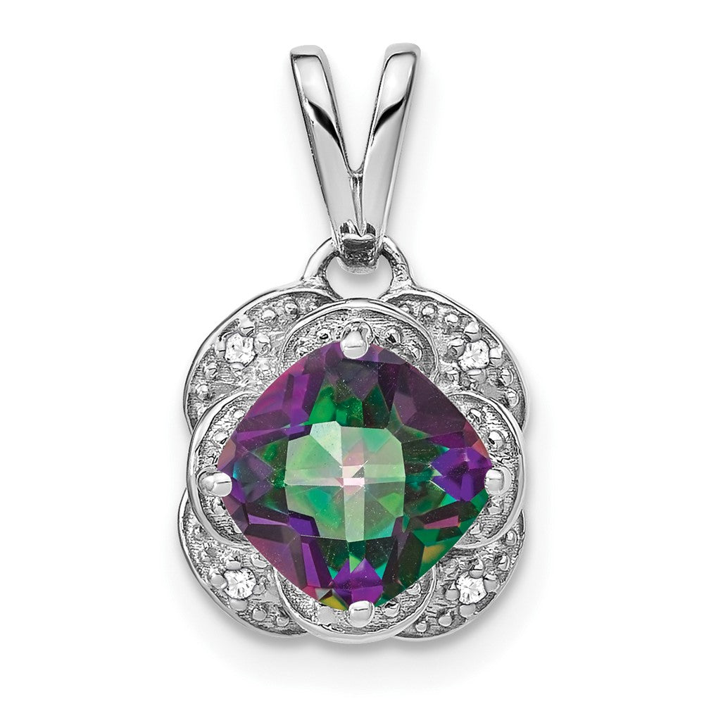 14k White Gold 7mm Cushion Mystic Fire Topaz and Diamond Pendant