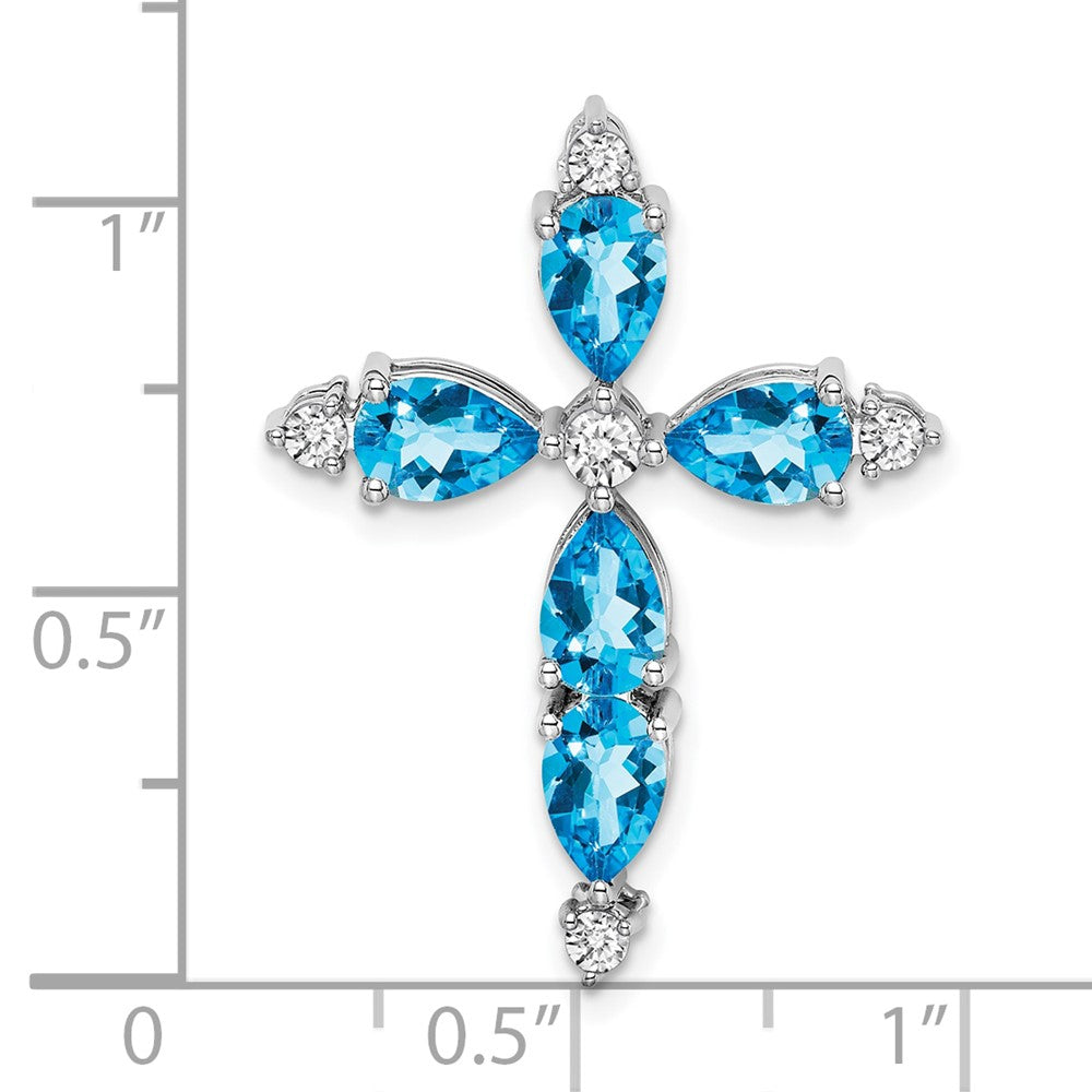 10K White Gold Pear Blue Topaz and 1/15 carat Diamond Cross Chain Slide