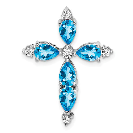 10K White Gold Pear Blue Topaz and 1/15 carat Diamond Cross Chain Slide