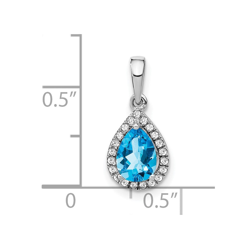 14k White Gold 7x5mm Pear Blue Topaz and Diamond Halo Pendant