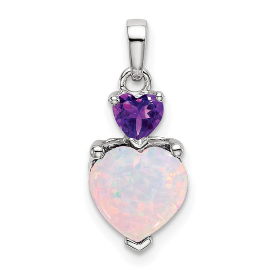 14k White Gold Heart Lab Created Opal and Amethyst Pendant