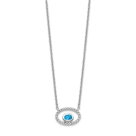 14k White Gold 4x3mm Oval Blue Topaz and Diamond 18 inch Necklace