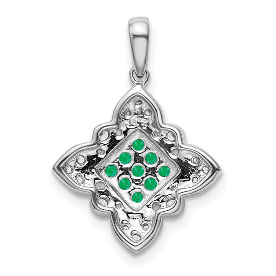 14k White Gold Emerald Cluster and Diamond Vintage Pendant