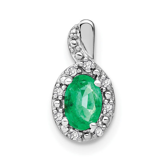 14k White Gold 6x4mm Oval Emerald and Diamond Halo Pendant