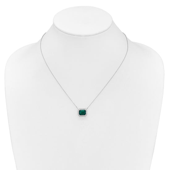 14k White Gold Octagon Lab Created Emerald and Diamond East-West Halo 18 inch Necklace