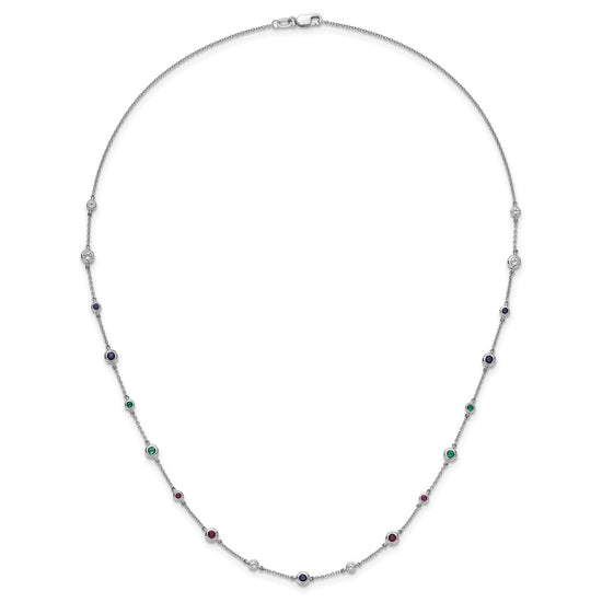 14k White Gold Ruby/Sapphire/Emerald/White Topaz 18 inch Station Necklace