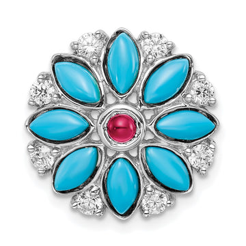 14k White Gold Turquoise/Lab Created Ruby/White Topaz Floral Chain Slide