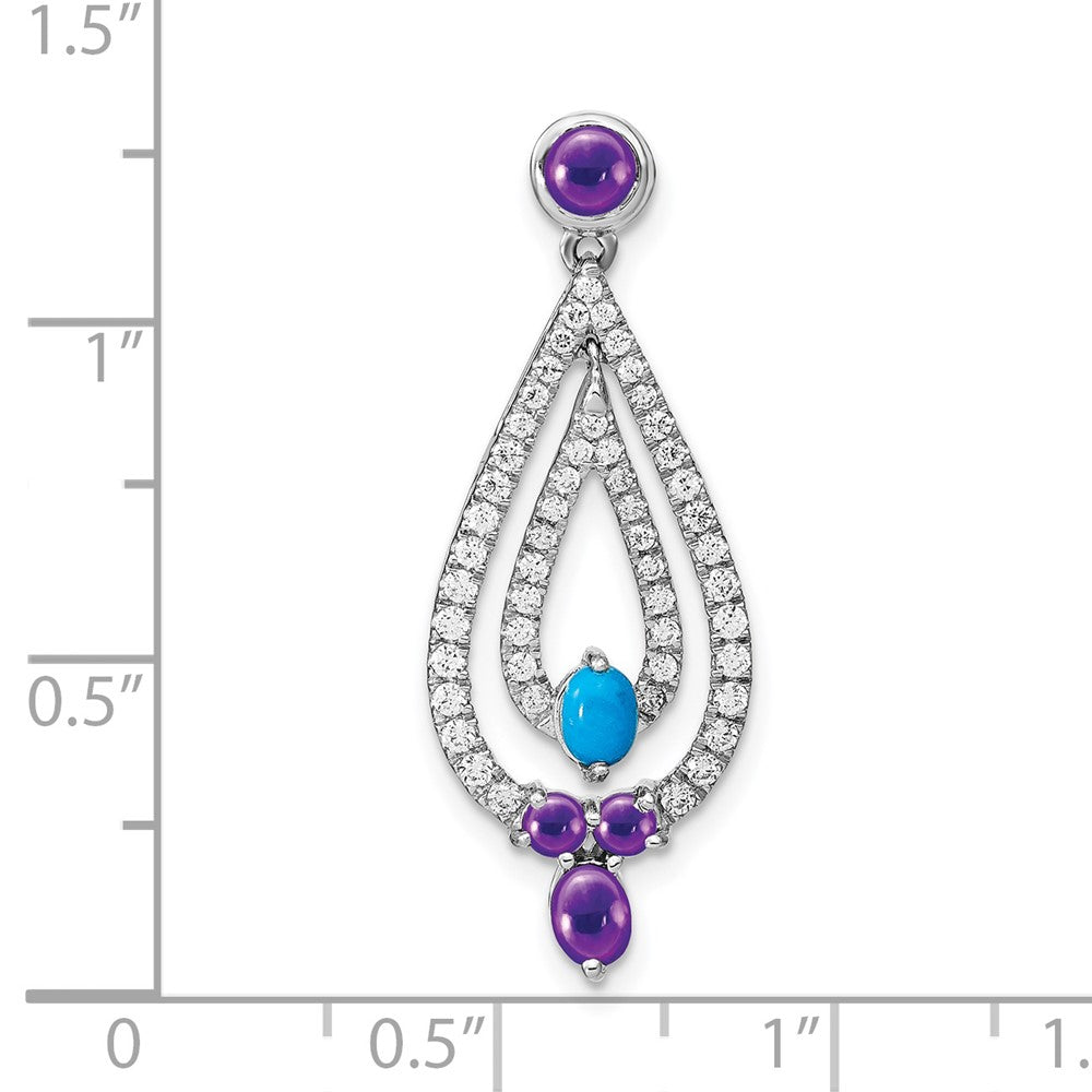 14k White Gold Turquoise/Amethyst/White Topaz Teardrop Pendant