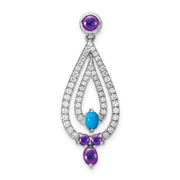 14k White Gold Turquoise/Amethyst/White Topaz Teardrop Pendant