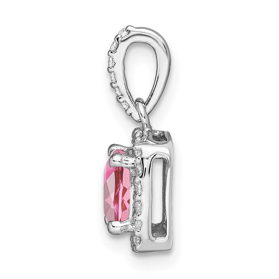 14k White Gold 6mm Cushion Pink Tourmaline and Diamond Halo Pendant