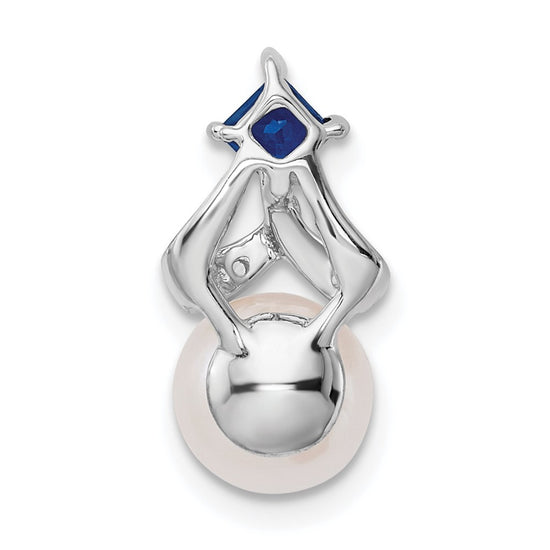 14k White Gold 7-8mm Round White Freshwater Cultured Pearl/Square Sapphire/Diamond Chain Slide
