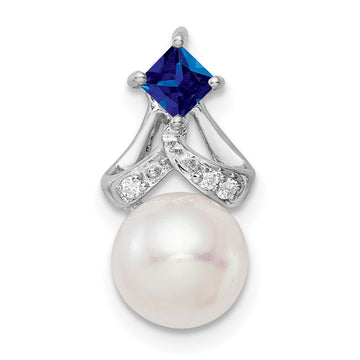 14k White Gold 7-8mm Round White Freshwater Cultured Pearl/Square Sapphire/Diamond Chain Slide