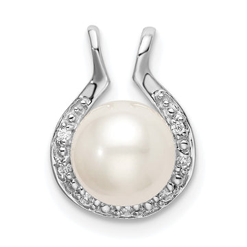 14k White Gold 7-8mm Round White Freshwater Cultured Pearl and Diamond Chain Slide