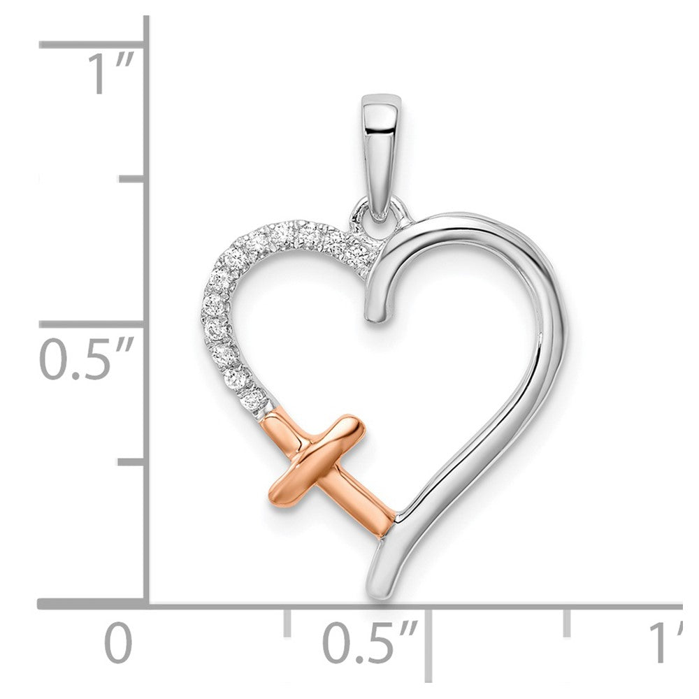 14k Two-tone White and Rose Heart with Cross 1/20 carat Diamond Pendant