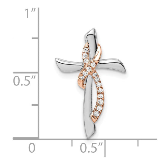 14k Two-tone White and Rose Gold 1/15 carat Diamond Cross with Ribbon Chain Slide