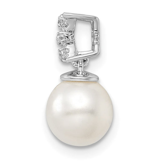 14k White Gold 7-8mm Round White Freshwater Cultured Pearl and Diamond Chain Slide