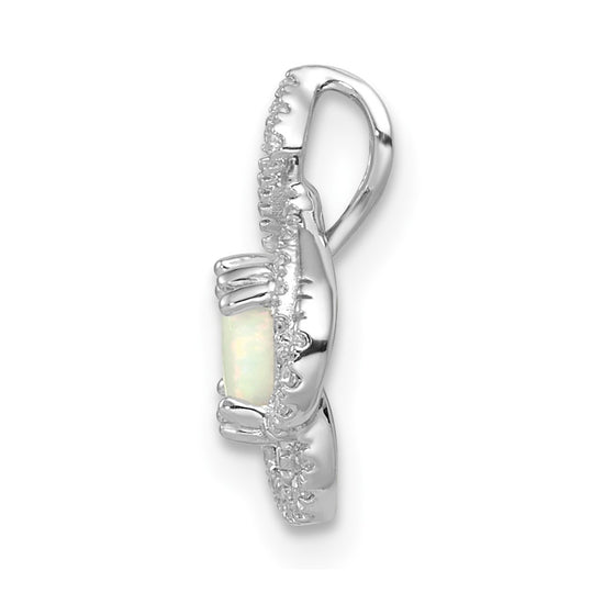 14k White Gold Polished Oval Opal and Diamond Vintage Chain Slide